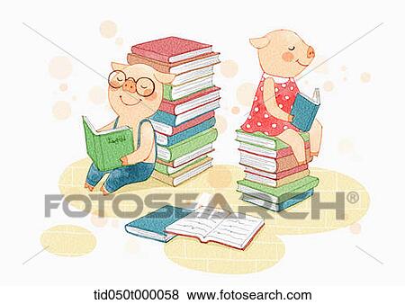 illustration of pigs reading books View Large Photo Image Stock Photo - illustration of pigs reading books. Fotosearch