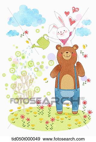 illustration of rabbit watering plants on bear's shoulder View Large Photo Image Stock Photo - illustration of rabbit watering plants on bear's shoulder. Fotosearch
