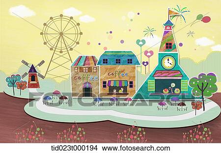 illustration of shops in an amusement park View Large Photo Image Picture - illustration of shops in an amusement park. Fotosearch