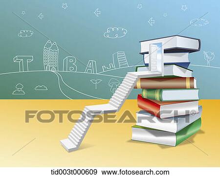 illustration of stairs to a door in the middle of a pile of books View Large Photo Image Stock Photo - illustration of stairs to a door in the middle of a pile of books . Fotosearch