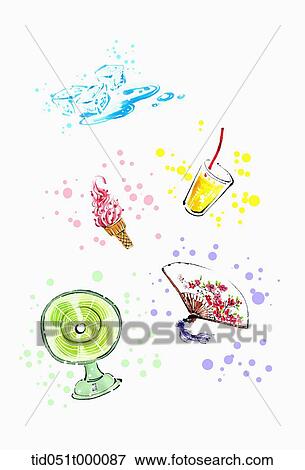 illustration of summer cooling items View Large Photo Image Stock Photo - illustration of summer cooling items. Fotosearch