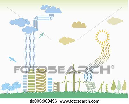 illustration of sun passing on solar energy and clouds providing water to a town View Large Photo Image Stock Photograph - illustration of sun passing on solar energy and clouds providing water to a town. Fotosearch