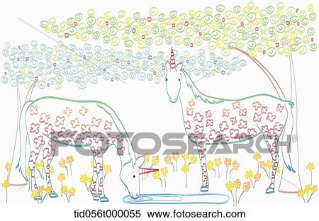 illustration of unicorns with a small pond View Large Photo Image Stock Photography - illustration of unicorns with a small pond. Fotosearch