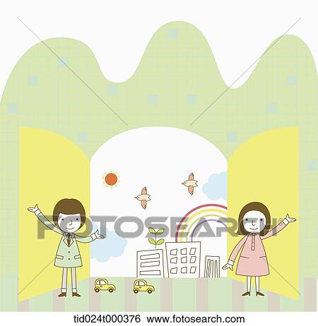 Stock Photograph - illustration of woman and a man welcoming. Fotosearch