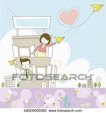 Stock Photography - illustration of woman and man flying a paper plane inside a building. Fotosearch