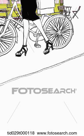 Stock Photo - illustration of woman walking with a bike . Fotosearch