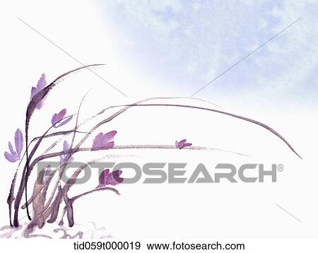 Stock Photo - illustration painting of flower branches growing side ways . Fotosearch
