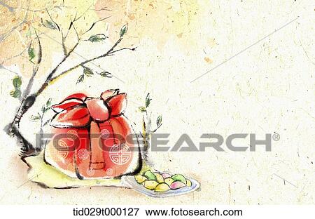 Korean painting of a package in Korean wrap next to a tree View Large Photo Image Stock Photo - Korean painting of a package in Korean wrap next to a tree. Fotosearch