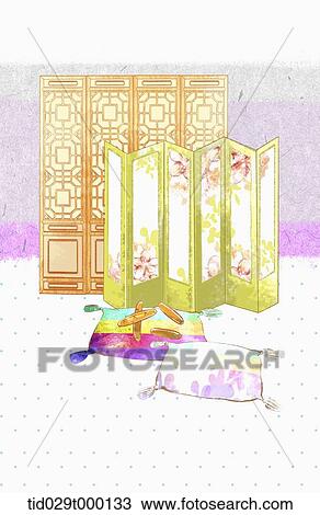 Stock Image - Korean painting of folding screens in a room. Fotosearch