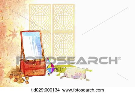 Picture - Korean painting of old Korean mirror box . Fotosearch