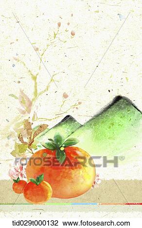 Stock Image - Korean painting of persimmon and mountains . Fotosearch