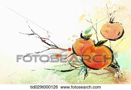Stock Photograph - Korean painting of persimmon tree. Fotosearch