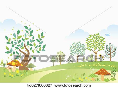 Stock Photo - landscape illustration of a path through a hill with trees. Fotosearch