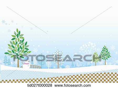 Stock Photo - landscape illustration of a snowy hill with green trees . Fotosearch