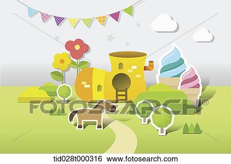 landscape illustration of playground with candy shops View Large Photo Image Stock Photograph - landscape illustration of playground with candy shops . Fotosearch