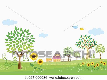 Stock Photograph - landscape illustration of trees and sunflowers . Fotosearch