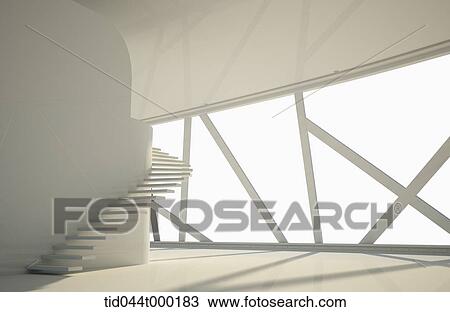 Stock Image - modern interior of a floor with stairs and unique window design. Fotosearch