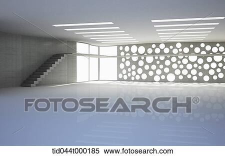 Stock Photography - modern interior of a floor with stairs and unique polka dotted window design. Fotosearch