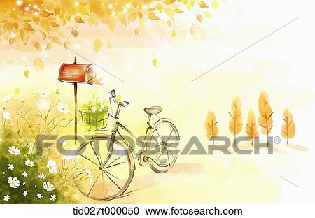 Stock Image - painting illustration of a bicycle and a red mailbox in autumn . Fotosearch