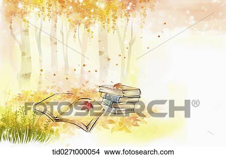 painting illustration of a book and a pile of books in autumn View Large Photo Image Picture - painting illustration of a book and a pile of books in autumn . Fotosearch