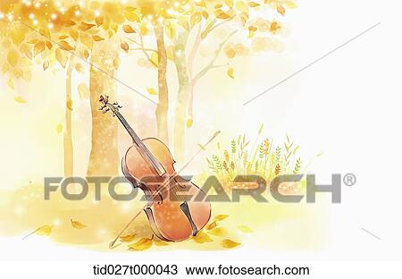 Stock Image - painting illustration of a cello with autumn trees . Fotosearch