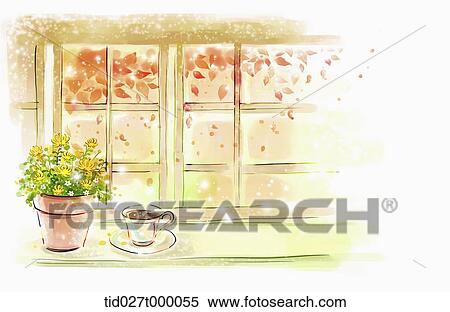 painting illustration of a cup of coffee and plant by a window in autumn View Large Photo Image Stock Photography - painting illustration of a cup of coffee and plant by a window in autumn . Fotosearch