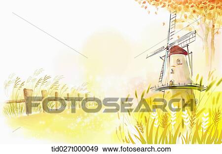 painting illustration of a windmill in autumn View Large Photo Image Stock Photo - painting illustration of a windmill in autumn . Fotosearch