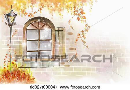 painting illustration of a window and a street lamp in autumn View Large Photo Image Stock Photo - painting illustration of a window and a street lamp in autumn . Fotosearch