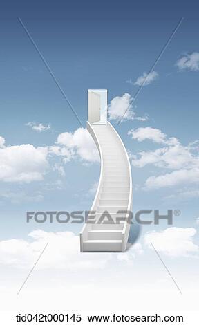 Stock Photography - stairs on a cloud to a door. Fotosearch