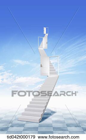 Stock Photo - stairs to the sky with many doors . Fotosearch