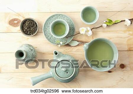 Stock Photograph - teapot and tea cups on a tea tray. Fotosearch