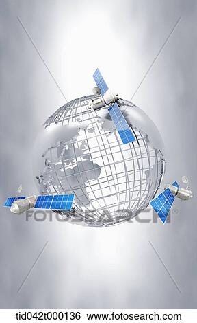 Stock Photograph - three solar panels around a globe. Fotosearch
