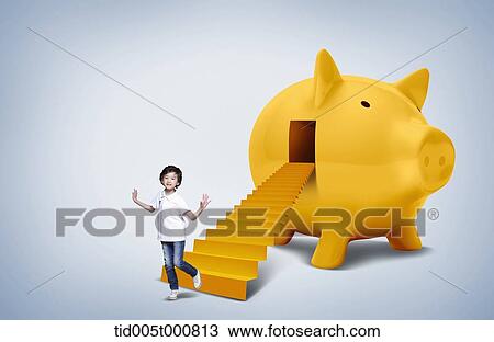 Drawing - a boy coming out from a piggy bank. Fotosearch