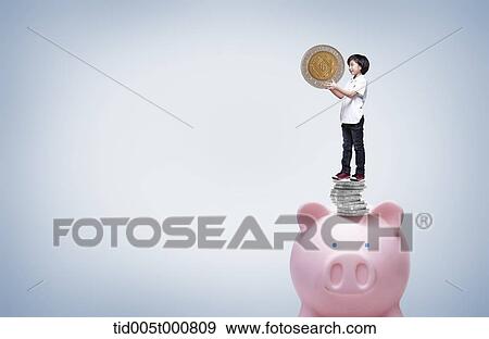 Stock Illustration - a boy holding a coin. Fotosearch