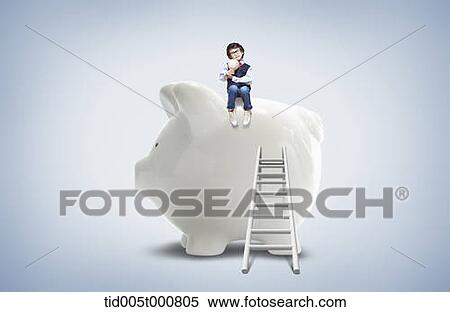 Stock Illustration - a boy on top of a piggy bank. Fotosearch