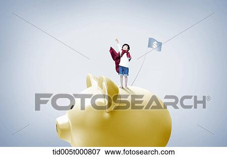 a boy with superman cape standing on top of piggy bank View Large Illustration Stock Illustration - a boy with superman cape standing on top of piggy bank. Fotosearch