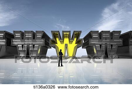 a business man standing in front of won shape objects View Large Illustration Stock Illustration - a business man standing in front of won shape objects. Fotosearch