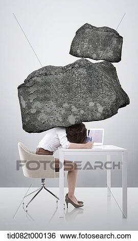 a business woman at her desk being crushed by rocks View Large Illustration Stock Illustration - a business woman at her desk being crushed by rocks. Fotosearch