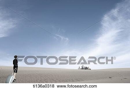 Stock Illustration - a business woman standing in the desert. Fotosearch