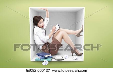 Stock Illustration - a business woman trapped in a box. Fotosearch