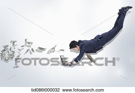 Drawing - a businessman working in the air with money coming from laptop. Fotosearch