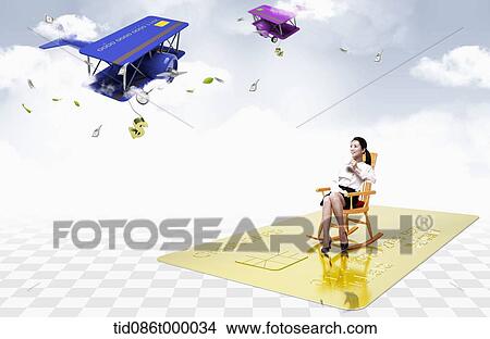 Stock Illustration - a businesswoman with flying credit cards. Fotosearch