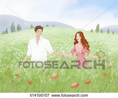 Stock Illustration - a couple walking in a high grass field. Fotosearch