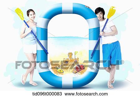 Drawing - a couple with a rubber boat. Fotosearch