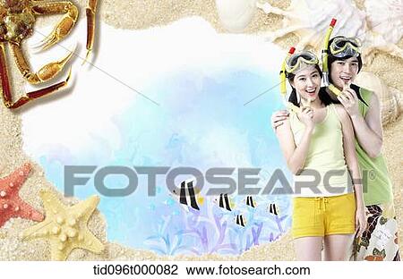 Drawing - a couple with diving gear. Fotosearch