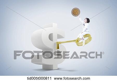 Clip Art - a girl holding a coin while sitting on a key. Fotosearch