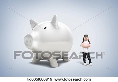 Stock Illustration - a girl holding a piggy bank next to a piggy bank. Fotosearch