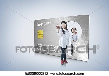 Drawing - a girl in front of a credit card. Fotosearch