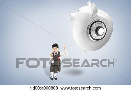 Stock Illustration - a girl in kindergarten uniform and a piggy bank in the air. Fotosearch