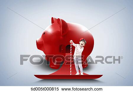 Stock Illustration - a girl standing on a red carpet of a piggy bank. Fotosearch